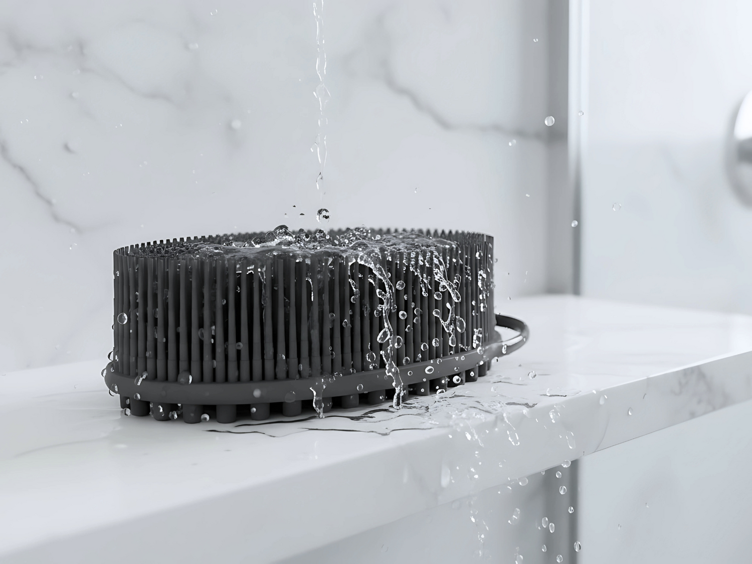 Silicone body scrubber under shower stream on quartz shelf; water droplets beading.